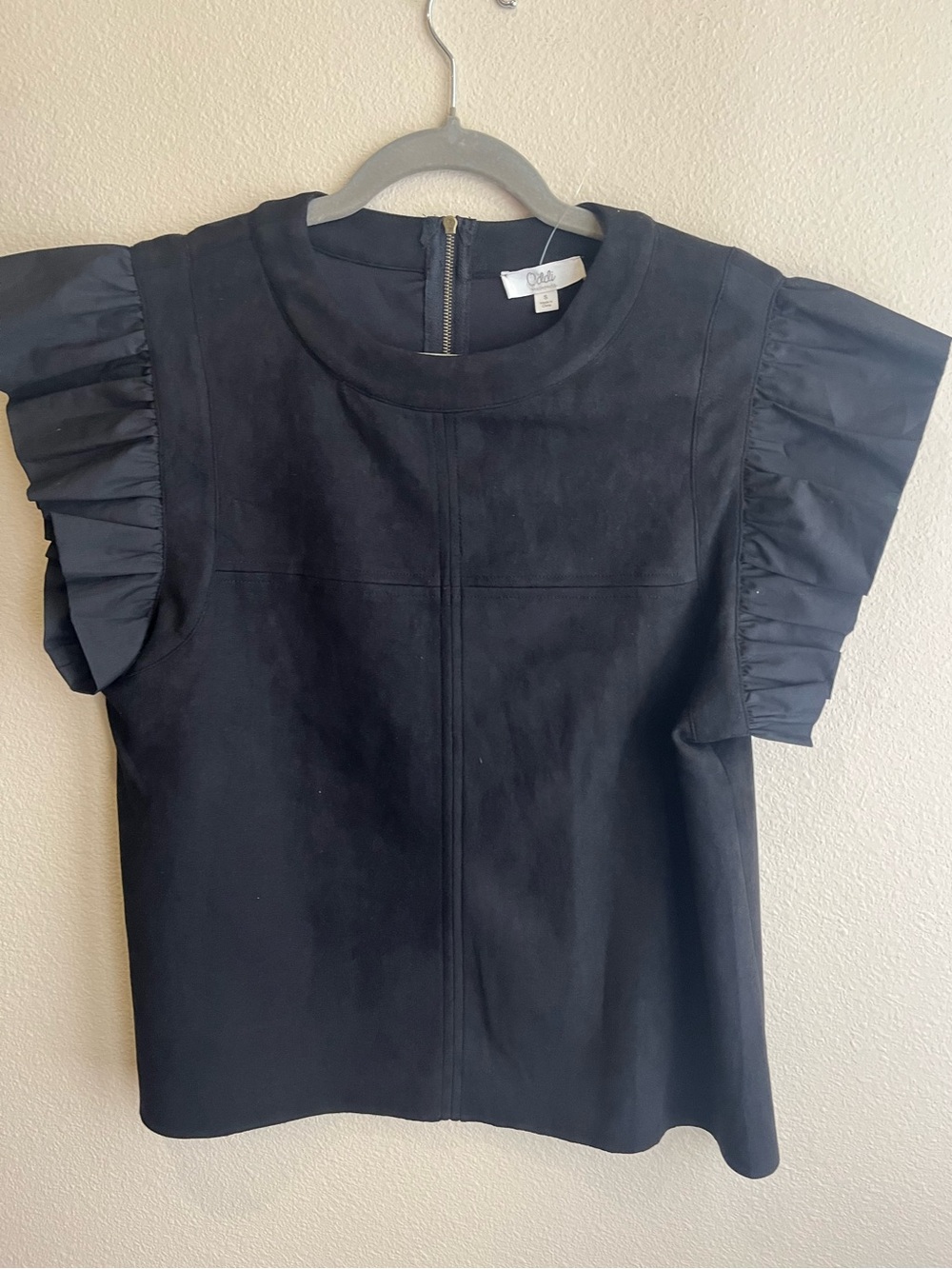 ODDI Black Ruffle-Sleeve Suede-Front Top